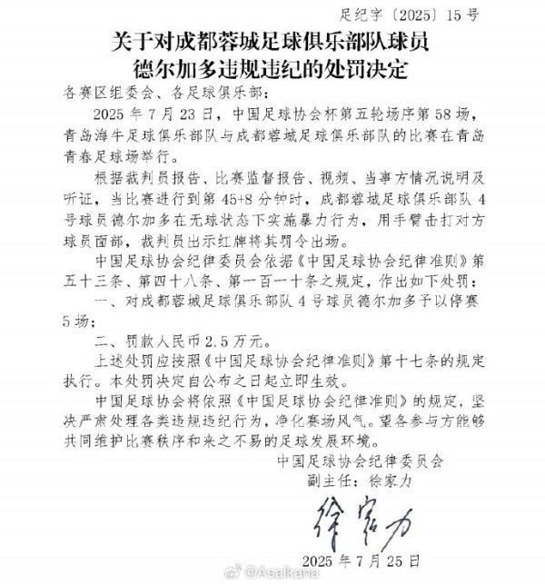 如果成都蓉城晋级下一轮  足协杯总决赛  ，德尔加多纪律处罚停赛将在总决赛  执行