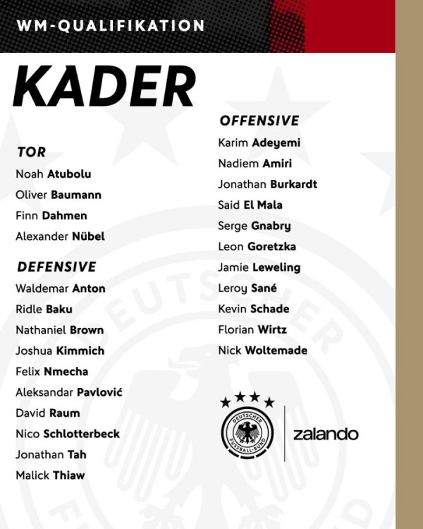 德国名单：维尔茨、沃尔特马德领衔，萨内回归，19岁马拉首次入选